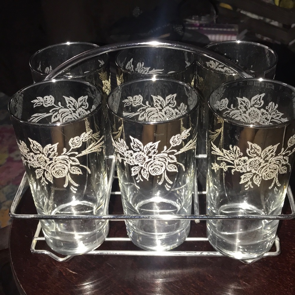 Vintage Dorothy Thorpe 6high ball glasses w/holder
